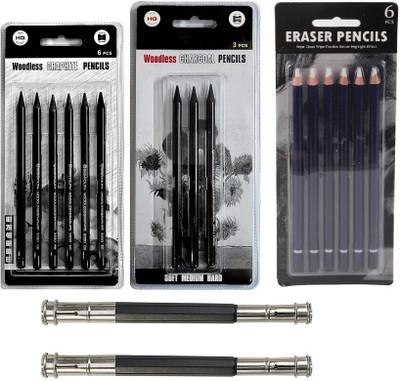 Da Novira 3 Charcoal Pencil, 2 Pencil Extender, 6 White Eraser Pencil, 6 Graphite Pencil Pencil(Pack of 1)