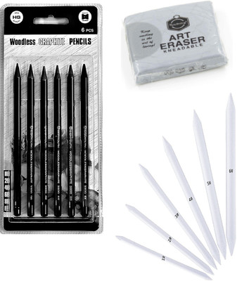 Da Novira 6 Pcs Woodless Graphite Pencil, Set Of 6 White Paper Stump, 1 Kneadable Eraser Pencil(Pack of 1)