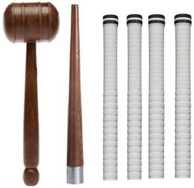 Fitdex 1-Cricket Bat Knocking Hammer, 1-Wooden Cone, 4-White Grip, Wooden Bat Mallet