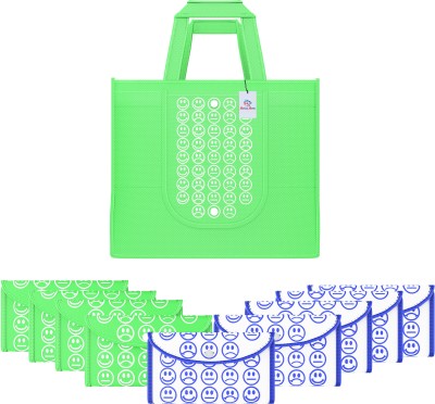 Heart Home Pack of 10 Smile Foldable Shopping Bags For Women | Green & White Blue Pack of 10 Grocery Bags(Green, White, Blue)