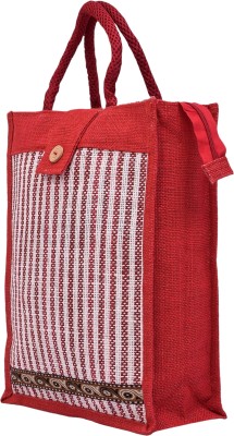 KUBER INDUSTRIES Jute Top Flap-Lining Carry Shopping Bag with Handle|Medium|Red Grocery Bag(Red)