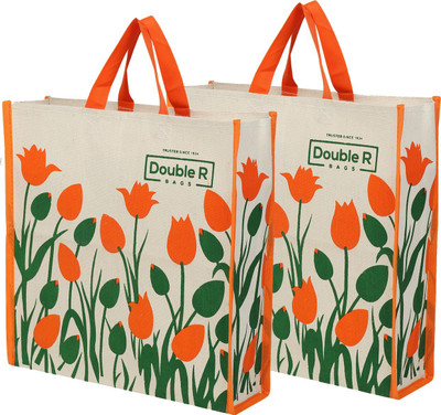 DOUBLE R BAGS Big Eco reusable yoga print jute cloth Carry lunch tiffin box with bottle organizer small size with zip Reinforced Handle for men women. Pack of 2 Grocery Bags(Multicolor)