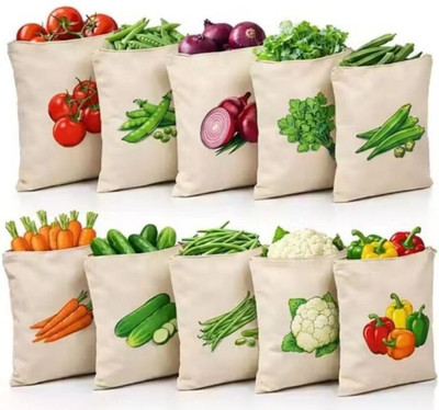 UNIQKITCHEN 100% Cotton Reusable Vegetable Bags for Fridge | Eco-Friendly | 12x12 Inches | Pack of 10 Grocery Bags(Beige)