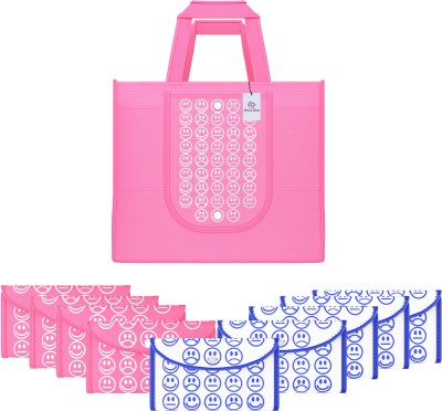 Heart Home Pack of 10 Smile Foldable Shopping Bags For Women | Pink & White Blue Pack of 10 Grocery Bags(Pink, White, Blue)