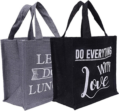 KUBER INDUSTRIES 2 Pieces Men's and Women's Reusable Eco-Friendly Multipurpose Jute Hand Bag / Pack of 2 Grocery Bags(Grey, Black)