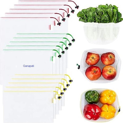 Ganapati Set of 15 Reusable Mesh Produce Bags – Vegetable and Fruit Net Bag Pack of 15 Grocery Bags(White)