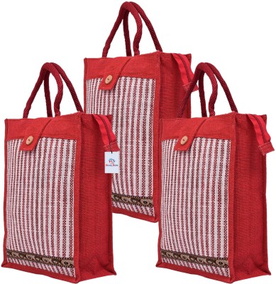 Heart Home Jute Top Flap-Lining Carry Shopping Bag with Handle|Medium|Pack of 3|Red Pack of 3 Grocery Bags(Red)