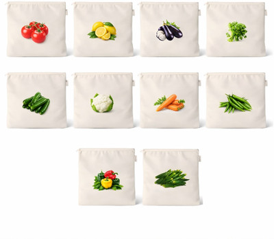 Lonaxa 10 Pcs Reusable Cotton Veggie Bags | Fridge Storage Organizer Pack of 10 Grocery Bags(White)