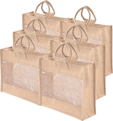 KUBER INDUSTRIES Pack of 6 Reusable Jute Grocery Bags for Shopping, Carry Jhola for Women | Brown(Brown)