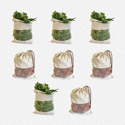 FAB ELLITE Cotton Vegetable Sabji Bag Kitchen Veg Freez Storage Pouch for Fridge Washable . Pack of 8 Grocery Bags(Beige)