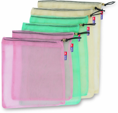 MAKMOR Cotton Multi color Reusable Drawstring Vegetable Grocery Bag Holds up to 3 Kg Pack of 6 Grocery Bags(Multicolor)