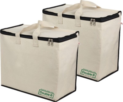 DOUBLE R BAGS Eco Friendly Canvas Cotton Handle with Multipurpose Big Clothes Storage Organizer Reusable Daily Grocery Vegetable Carrying Bag with Zip Covers (Black) - Combo (Pack of 2) Pack of 2 Grocery Bags(White)