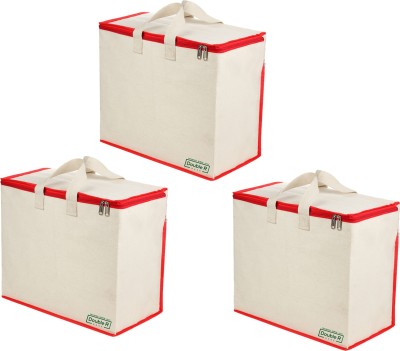 DOUBLE R BAGS Canvas Reinforced Cotton Handles and Thick Base with Multipurpose Storage Organizer and Covers Zip Bag Grocery Bags (Pack of 3) Pack of 3 Grocery Bags(Red)