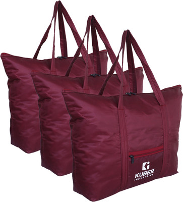 KUBER INDUSTRIES Polyester Shopping Bag for Grocery With Front Small Pocket Pack of 3 Grocery Bags(Maroon)
