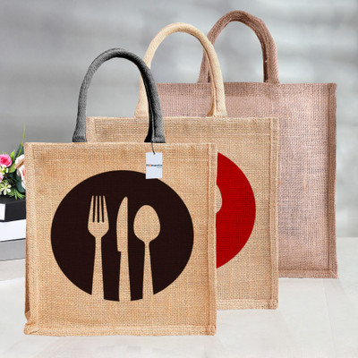 HOMESTIC Jute Daily Utility Grocery Bag|Zipper Shopping Bag with Handle|Pack of 3|Multi Pack of 3 Grocery Bags(Multicolor)