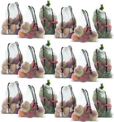 MAKMOR Cotton Reusable Drawstring Vegetable Bag Holds up to 3 Kg Grocery Bag Pack of 18 Grocery Bags(White)