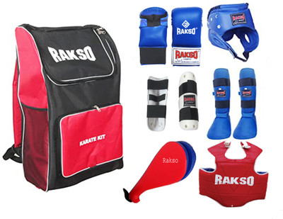 Rakso Karate Kit Hand Gloves Head Guard Shin Guard BAG CHEST fan pad Arm Guard SMALL Boxing Kit