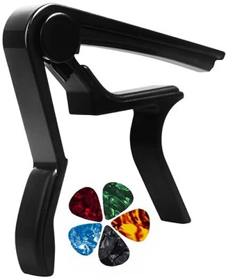 IMAGINEA Acoustic Guitar Capo Quick Change Metal Capo One Handed Trigger Capo with 5 Pick Clutch Guitar Capo(Black)