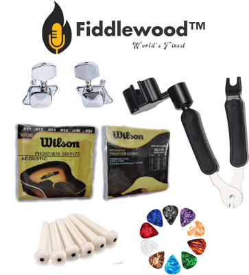 FIDDLEWOOD™ Acoustic STRING SET , 1 LEFT & 1 RIGHT SEMI CLOSED TUNING KEY , STRING WINDER CUTTER & PIN PULLER , 6 BRIDGE PINS & 10 CELLULOID PICKS FOR ACOUSTIC GUITARS Guitar String(6 Strings)