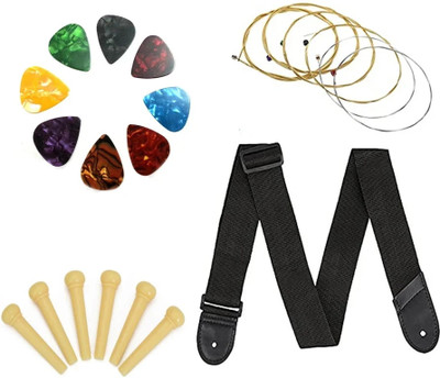 Mocking Bird Acoustic Guitar Bridge Pins With 5Picks And Adjustable Strap Belt With Set Of Acoustic Guitar String(Pack of 4, 6 Strings)