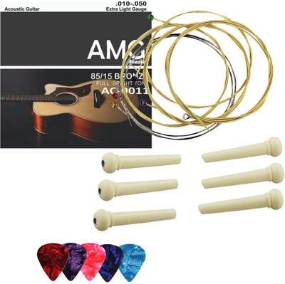 AMG Music Acoustic Guitar Picks With Unique Multi-Coloured And Guitar Pins Set Of6 & Full Set of Guitar String(6 Strings)