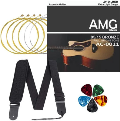 AMG Music Acoustic Replacement Guitar String Set for Acoustic Guitar with Guitar Belt and Picks Guitar String(Pack of 3, 6 Strings)