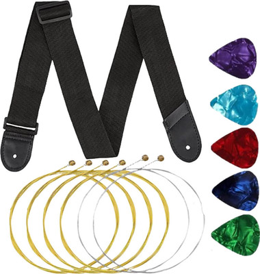 Urban Infotech Acoustic Guitar Strap for Acoustic Guitar Black Guitar Belt with stringg and Picks Guitar String(6 Strings)