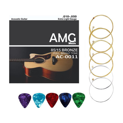 AMG Music Acoustic Guitar String Set Light Stainless Steel String Set 6 With Picks Bright Tone Guitar String(6 Strings)