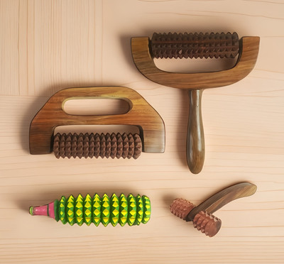 NEW ERA WOOD CARVING ART Wood Massager Set of 4 Hand, Arm, Thigh, Face Massage Acupressure Massager Combo