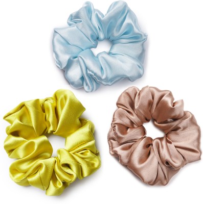 sazzle Woman Hair Silk Scrunchies Pure Soft Hair Ties XL Hair bands Set of 3 Rubber Band(Blue, Yellow, Copper)