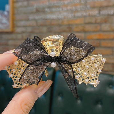 Ashkash 1Pcs High-End Pearl Embellished Bowknot Checked Design Metal Hair Claws Hair Claw(Gold)