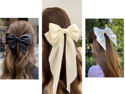 Rhosyn Hair Accessories Combo for Hair Satin Silk Double Big Bow & 2 Small Bow Hair Clip Women Girls a Hair Clip(Beige, Black, White)