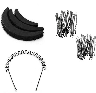 Sharum Crafts 1pc zig zag hair band 3pc puff set & 48pc bobby pin Hair Accessory Set(Black)