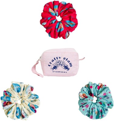 CraftyGlam by Chitrakala Luxury Printed Satin Scrunchies set with kit bag pack of 3 Rubber Band(Multicolor)