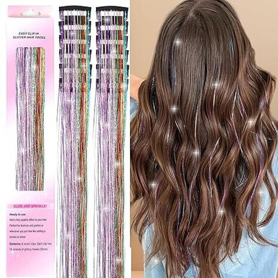 D-DIVINE 2Pcs  Tinsel Clip in  Tinsel Clips Glitter Tinsel (2Pcs ColorFul) Hair Extension