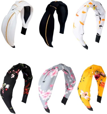 Oomph Combo of 6 Printed Floral Black, White, Yellow & Grey Knotted Fashion Hair Band(Yellow, Black, White)