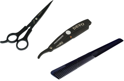 Devo Hair Cutting Scissor Comb and Barber Shaving Razor for Salon and Home Use Hair Accessory Set(Black)