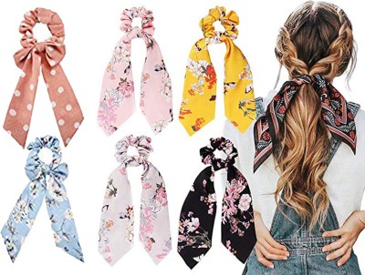 A Arnaksh ® Hair Scrunchies Silk Satin Scarf Hair Ties Elastic Hair Bands Ponytail Holder Flower Printed Hair Bobbles Vintage Accessories for Women Girls 6pc Hair Band (Multicolor) Rubber Band(Multicolor)