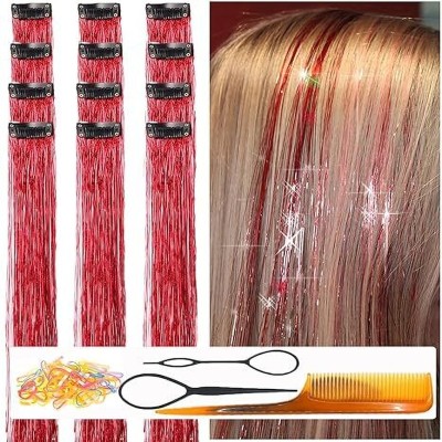 D-DIVINE 2pc  Tinsel Clip In Heat Resistant 24 Inch Tinsel  Strands Red Color Hair Extension