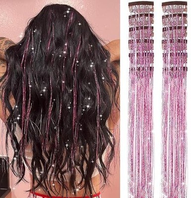 Blushia 2Pcs Clip in  Tinsel, 24 Inch Glitter Tinsel  Extensions (Pink) Hair Extension