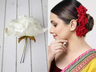 PSYCHFLORE RED ROSE PIN WITH WHITE ROSE PIN SET OF 4PC-E Hair Accessory Set(Multicolor)