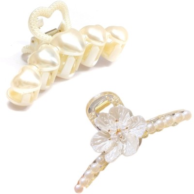 Oomph Combo of 2 Floral & Heart White Pearls & Beads Big Hair Claw(Gold, White)