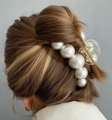 Freebies Decorative 10 cm. Shiny Big Pearl Hair clip Clutcher for Girls set of 2 (Cream) Hair Claw(White)