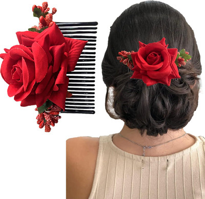 SIYAA Red Rose Artificial Flowers Bun Juda Comb Pins & Clips for Style & Decoration Hair Pin(Red)