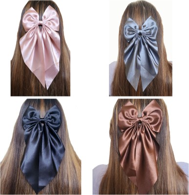 Dreamish Imitation Big Satin Layer French Style Bowknot Snap Long Ribbon Hairclip For Women & Girls Bun Clip(Pink, Grey, Black, Brown)