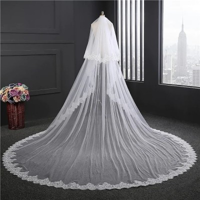 Unique Bridal Floor veil Christian Bridal Long Veil with front face Layer With Comb Head Band(White)