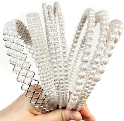 Mana 6psc Pearl Headbands for Women White Faux Pearl Hair Accessories,Dainty Hair Band(White)