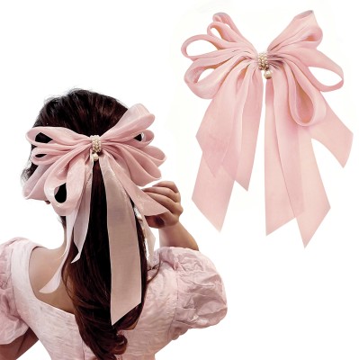 Pia Creations 1pcs Fashion Pearl Bow Hair Clip Women And Girls Made With Silk Satin Hair Clip. Hair Clip(Pink)