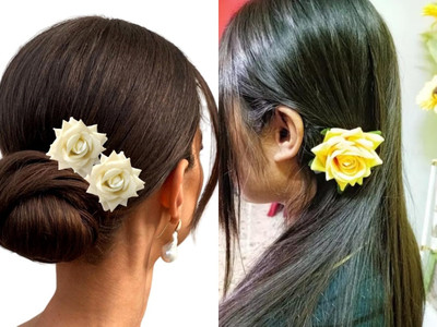 PSYCHFLORE WHITE ROSE PIN WITH YELLOW ROSE PIN SET OF 3PC-C2 Hair Accessory Set(Multicolor)