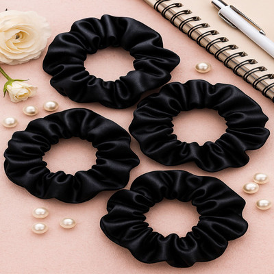 house of common Tasu Satin Scrunchies Pack of 4 Black | Small Size | Women & Teenage Girls Rubber Band(Black)